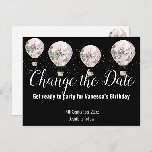 Hot-luchtballonroze Verander de datum zwart Aankondigingskaart (Voorkant / Achterkant)