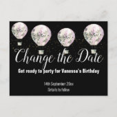 Hot-luchtballonroze Verander de datum zwart Aankondigingskaart (Voorkant)