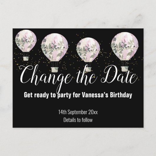 Hot-luchtballonroze Verander de datum zwart Aankondigingskaart (Voorkant)