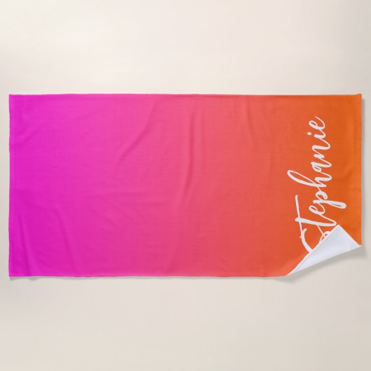 Hot-magenta roze Oranje ombre-scriptnaam Strandlaken (Voorkant)