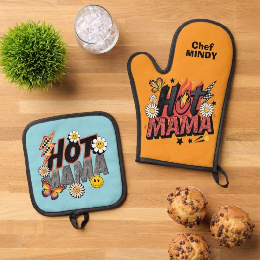 Hot Mama Gepersonaliseerde Oven Mitt & Pot Houder  Ovenwant & Pannenlap Set (Top down)
