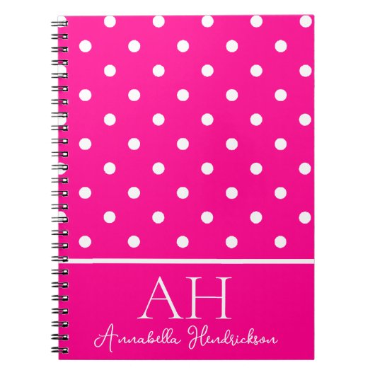 Hot Neon Pink Polka Dots Monogram Initiaal Notitieboek (Voorkant)