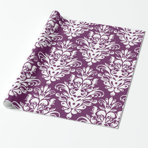 Hot-Paars en White Elegant Damask Patroon Cadeaupapier