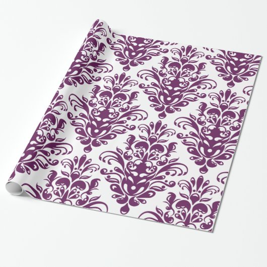 Hot-Paars en White Elegant Damask Patroon Cadeaupapier (Uitgerold)