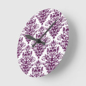 Hot-Paars en White Elegant Damask Patroon Ronde Klok (Hoek)