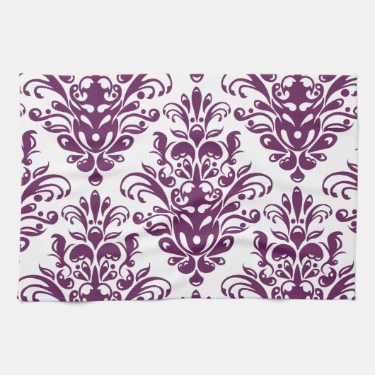 Hot-Paars en White Elegant Damask Patroon Theedoek (Horizontaal)