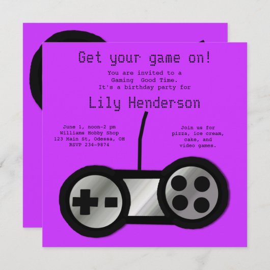 Hot-Paarse videogame party-uitnodiging Kaart (Voorkant / Achterkant)