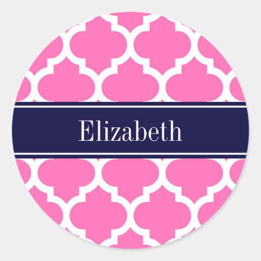 Hot Pink2 WhMarokkaans #5 Navy Blue Name Monogram Ronde Sticker (Voorkant)