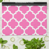 Hot Pink2 Wht Marokkaans #5 Zwart Naam Monogram Theedoek (Gevouwen)