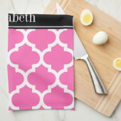 Hot Pink2 Wht Marokkaans #5 Zwart Naam Monogram Theedoek (Quarter Fold)