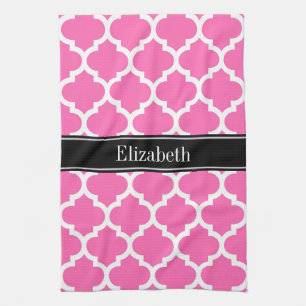 Hot Pink2 Wht Marokkaans #5 Zwart Naam Monogram Theedoek