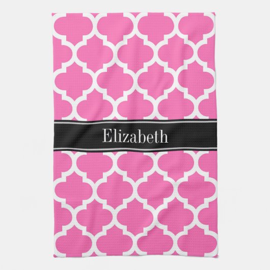 Hot Pink2 Wht Marokkaans #5 Zwart Naam Monogram Theedoek (Verticaal)