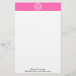 Hot Pink2 WT Greek Key RND Lijst Initiaal monogram Briefpapier