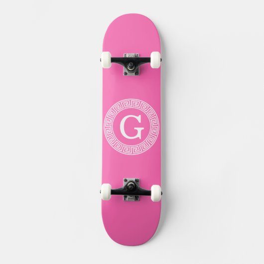 Hot Pink2 WT Greek Key RND Lijst Initiaal monogram Skateboard (Voorkant)