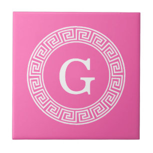 Hot Pink2 WT Greek Key RND Lijst Initiaal monogram Tegeltje