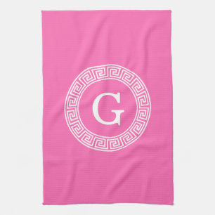 Hot Pink2 WT Greek Key RND Lijst Initiaal monogram Theedoek