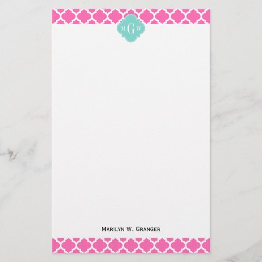 Hot Pink2 Wt Moroccan #5 Turquoise 3 Init Monogram Briefpapier (Voorkant)