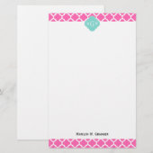 Hot Pink2 Wt Moroccan #5 Turquoise 3 Init Monogram Briefpapier (Voorkant / Achterkant)