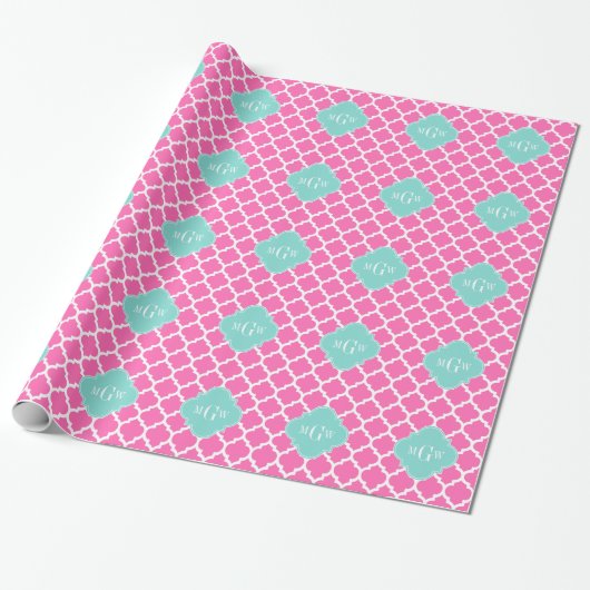 Hot Pink2 Wt Moroccan #5 Turquoise 3 Init Monogram Cadeaupapier (Uitgerold)