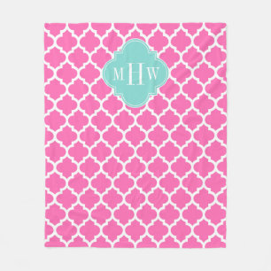 Hot Pink2 Wt Moroccan #5 Turquoise 3 Init Monogram Fleece Deken