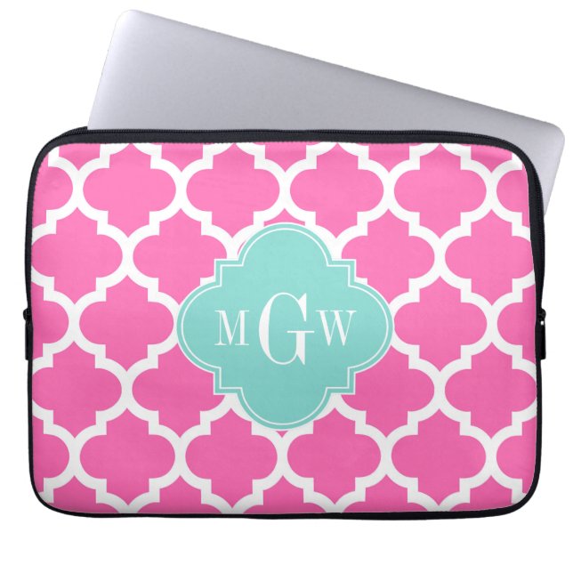Hot Pink2 Wt Moroccan #5 Turquoise 3 Init Monogram Laptop Sleeve (Voorkant)