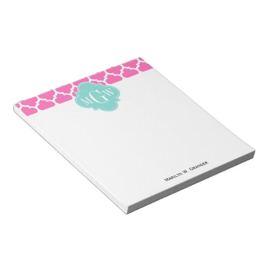 Hot Pink2 Wt Moroccan #5 Turquoise 3 Init Monogram Notitieblok (Schuin)
