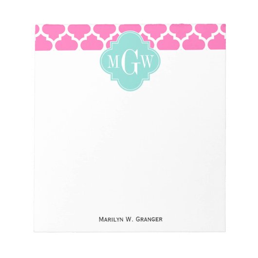 Hot Pink2 Wt Moroccan #5 Turquoise 3 Init Monogram Notitieblok (Voorkant)