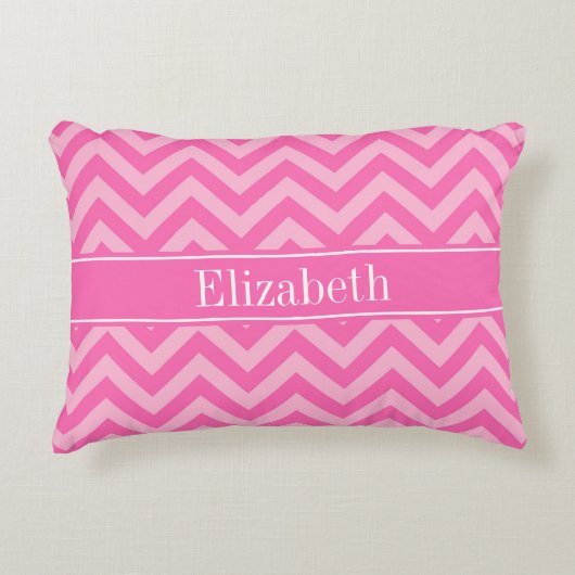 Hot Pink #2 Cotton Snoep LG Chevron Name Monogram Accent Kussen (Voorkant)
