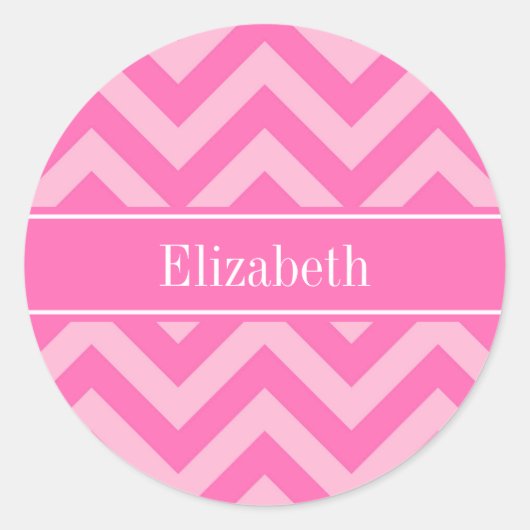 Hot Pink #2 Cotton Snoep LG Chevron Name Monogram Ronde Sticker (Voorkant)