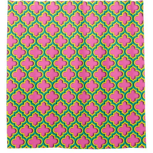 Hot Pink #2, Geel, Blauwgroen Marokkaans Quatrefoi Douchegordijn (Voorkant)