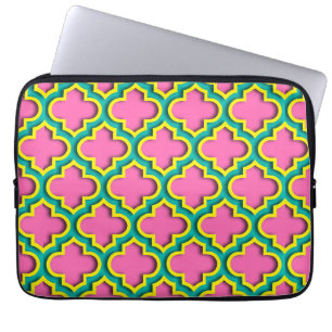 Hot Pink #2, Geel, Blauwgroen Marokkaans Quatrefoi Laptop Sleeve