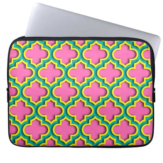 Hot Pink #2, Geel, Blauwgroen Marokkaans Quatrefoi Laptop Sleeve (Voorkant)