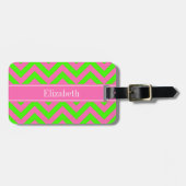 Hot Pink #2 Lime Green LG Chevron Name Monogram Bagagelabel (Voorkant horizontaal)