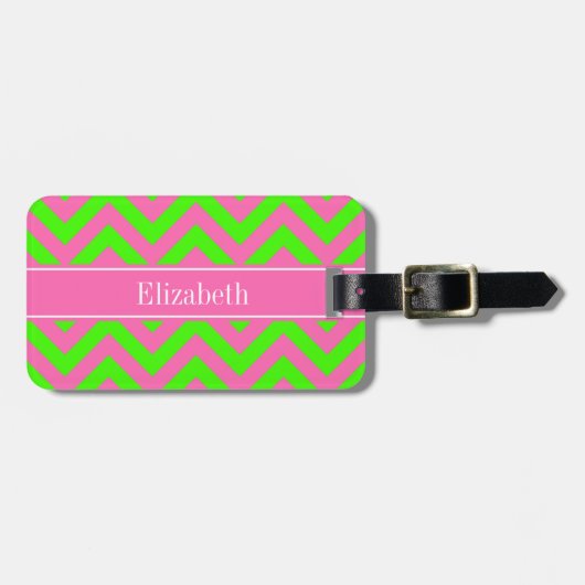 Hot Pink #2 Lime Green LG Chevron Name Monogram Bagagelabel (Voorkant horizontaal)
