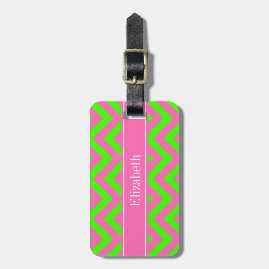 Hot Pink #2 Lime Green LG Chevron Name Monogram Bagagelabel (Voorkant verticaal)
