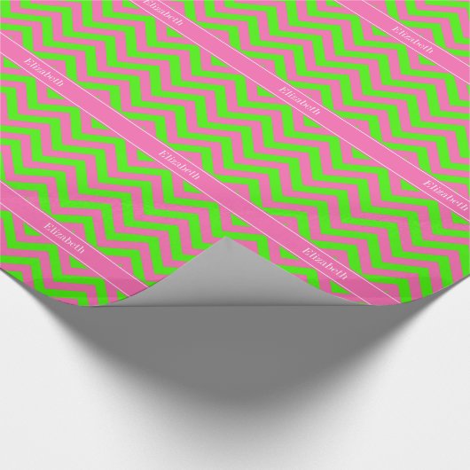 Hot Pink #2 Lime Green LG Chevron Name Monogram Cadeaupapier (Hoek)