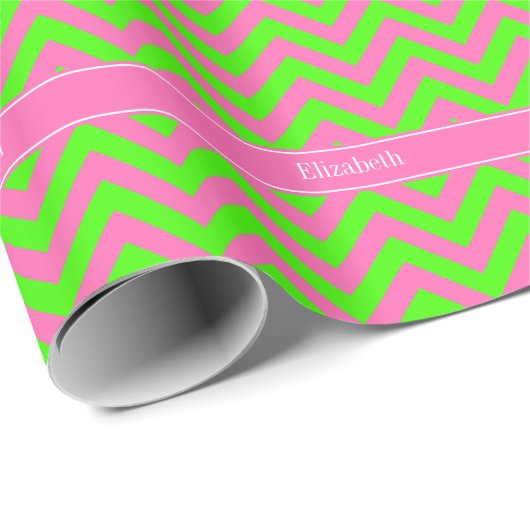 Hot Pink #2 Lime Green LG Chevron Name Monogram Cadeaupapier (Rol Hoek)