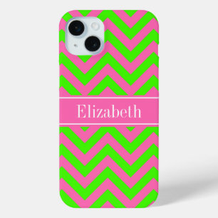 Hot Pink #2 Lime Green LG Chevron Name Monogram iPhone 15 Mini Hoesje
