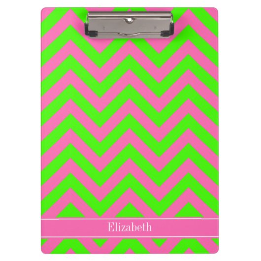 Hot Pink #2 Lime Green LG Chevron Name Monogram Klembord (Voorkant)