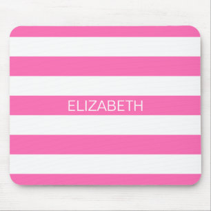 Hot Pink #2 White Horiz Preppy Stripe Monogram Muismat