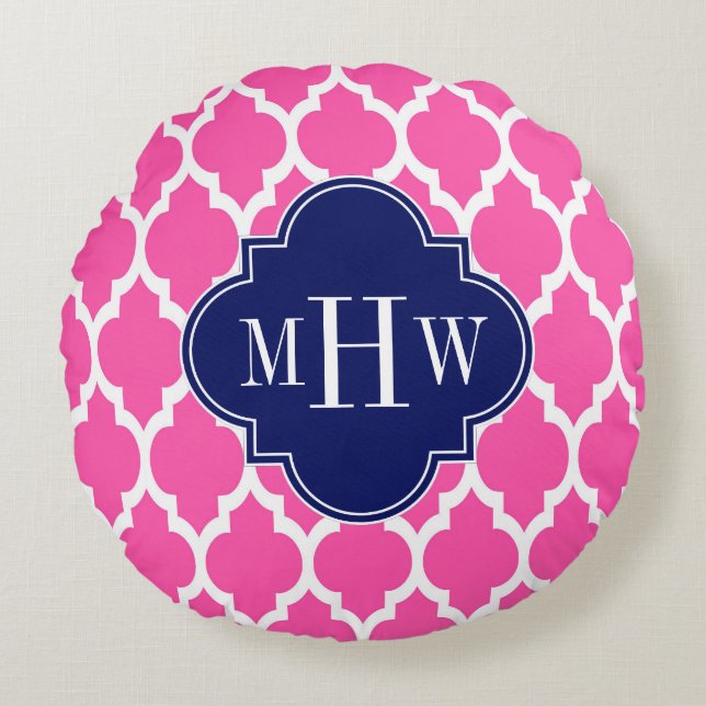 Hot Pink #2 WhMoroccan #4 Navy Name Monogram Rond Kussen (Voorkant)