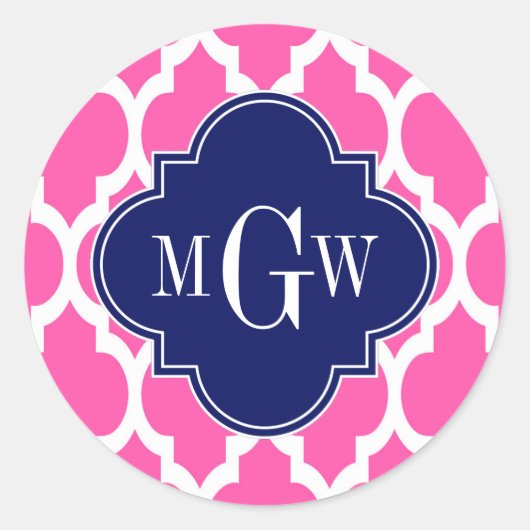 Hot Pink #2 WhMoroccan #4 Navy Name Monogram Ronde Sticker (Voorkant)