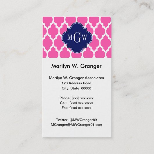 Hot Pink #2 WhMoroccan #4 Navy Name Monogram Visitekaartje (Voorkant)