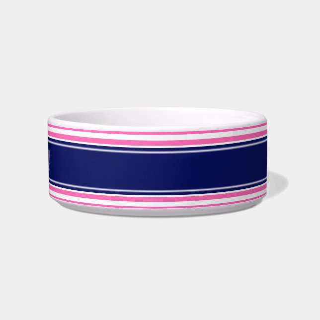 Hot Pink #2 Wht Horiz Stripe Navy Name Monogram Voerbakje (Rechts)