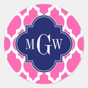 Hot Pink #2 Wht Marokkaans #4 Navy Naam Monogram Ronde Sticker