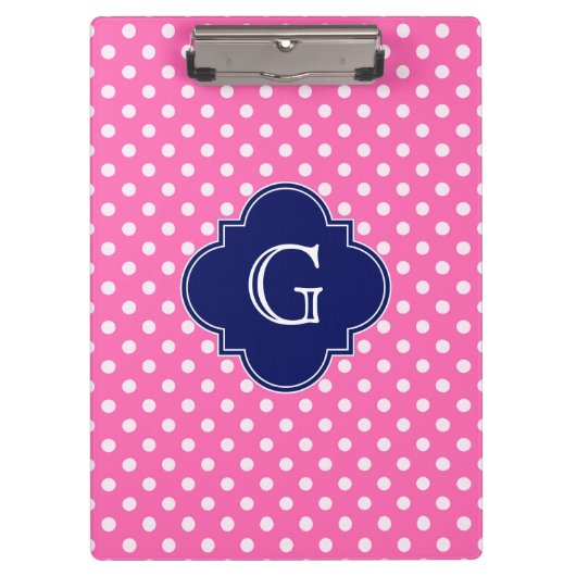 Hot Pink #2 Wht Polka Dot Navy Quatrefoil Monogram Klembord (Voorkant)