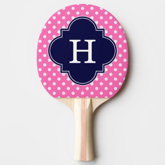 Hot Pink #2 Wht Polka Dot Navy Quatrefoil Monogram Tafeltennisbatje (Voorkant)