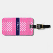 Hot Pink #2 Wt Polka Dots Navy Blue Name Monogram Bagagelabel (Voorkant horizontaal)