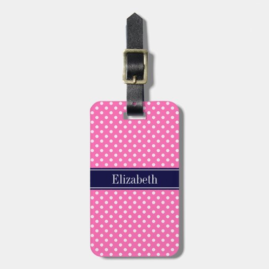 Hot Pink #2 Wt Polka Dots Navy Blue Name Monogram Bagagelabel (Voorkant verticaal)