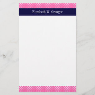 Hot Pink #2 Wt Polka Dots Navy Blue Name Monogram Briefpapier